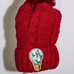 Red stocking cap with "Mountain Lightbulb" and fuzzy lining